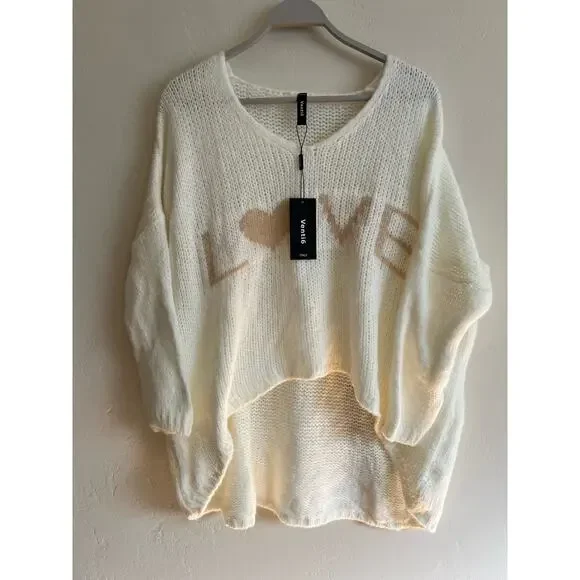 New Venti6 Made in Italy Off White Oversized LOVE V-Neck Sweater Size: Small / M - Picture 4 of 7
